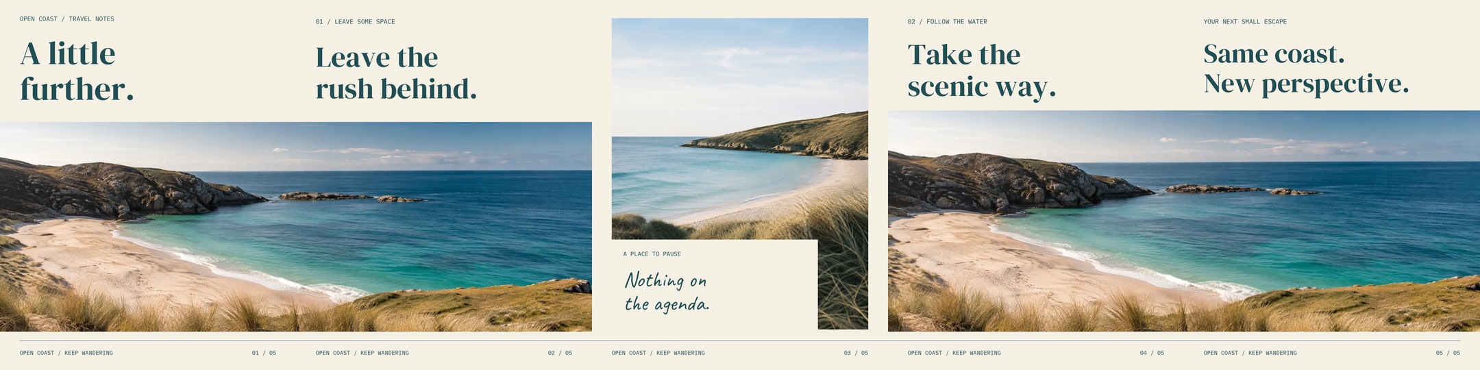 Five connected Open Coast slides. A beach photograph continues seamlessly across the first two slides, with teal serif titles and cream margins.