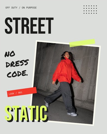 Street Static: a red-coat fashion photo with bold black type, lime highlights and a taped photo frame.