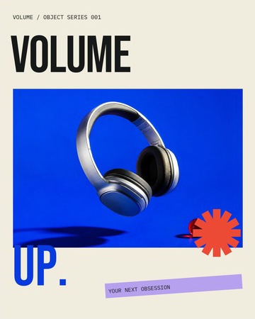 Volume Up: silver headphones against electric blue, with tall black type on a cream background.